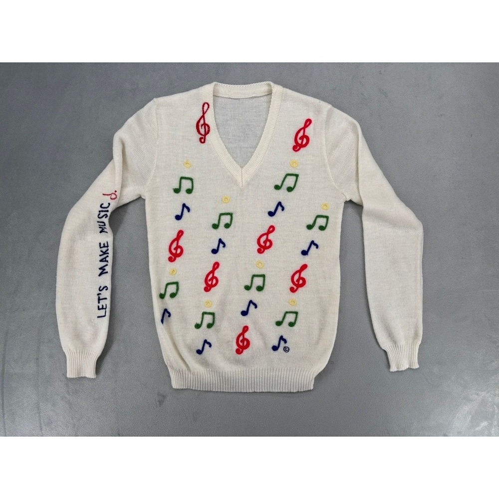 Unbranded Music Note Sweater Women Small Cream Embroidered Vintage V-Neck Knit